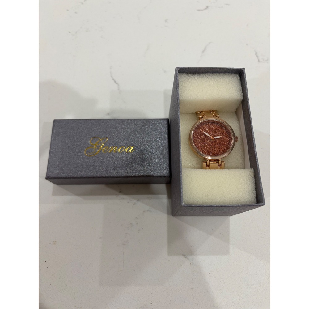 Genoa Rose Gold Tone Glitter Dial Crystal Watch Womens Link Bracelet New in Box